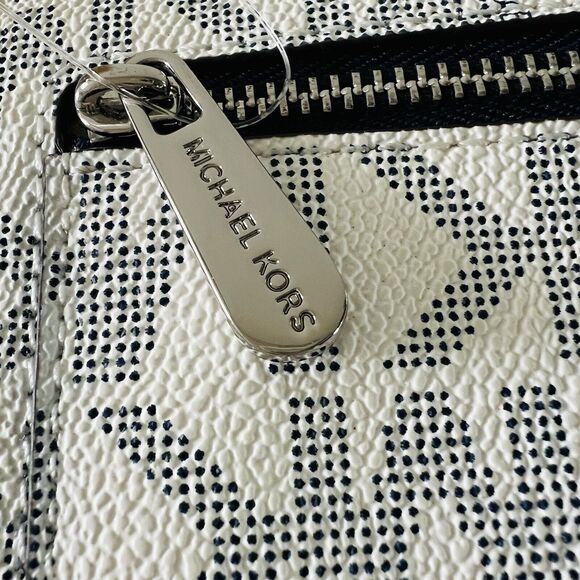 MICHAEL KORS Jet Set Travel Navy White Logo Leather Large Tri-Fold Wallet - Picture 5 of 9